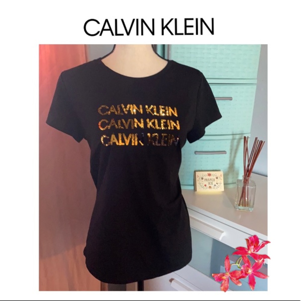 NWT Women's Black Calvin Klein Top with Gold/Black Sequins - Large L